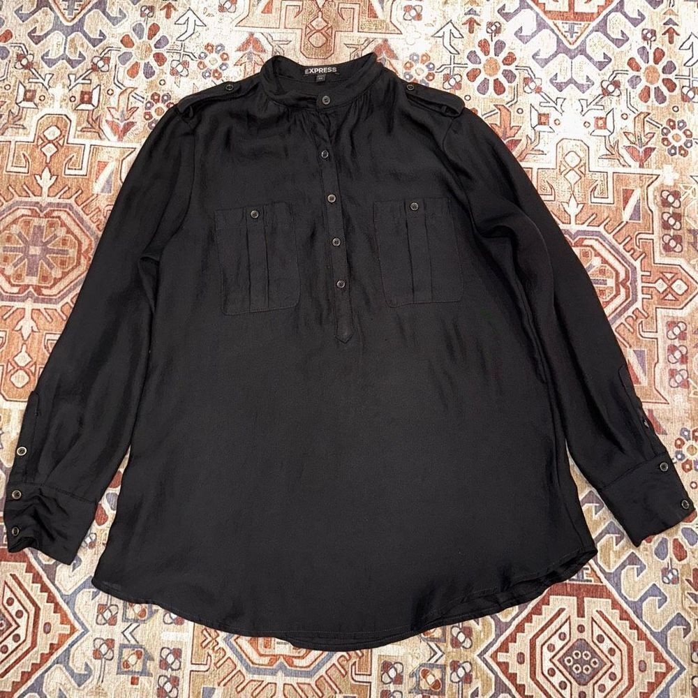 Express Military Style Black Long Sleeve Popover Career Blouse Shirt Size XS